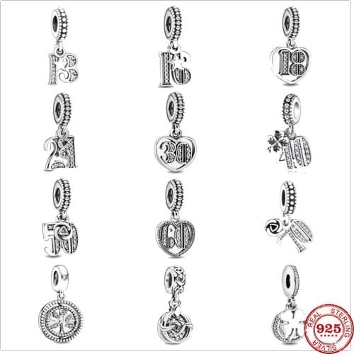 925 Sterling Silver birthday commemoration age number Pendant DIY fine beads Fit Original Pandora Charm Bracelet Women Jewelry