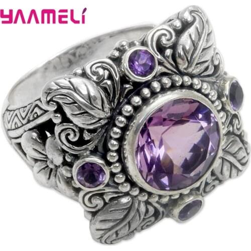 Luxury Purple Crystal 925 Sterling Silver Leave Rings For Women Big Cubic Zirconia Stone Anel Wedding Finger Jewelry Accessorize