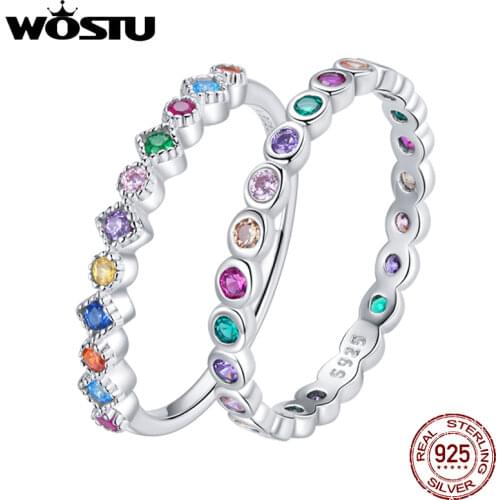 WOSTU Hot Sale 925 Sterling Silver Colorful Zircon Ring Rianbow Original Rings Finger For Women Silver 925 Jewelry CQR697