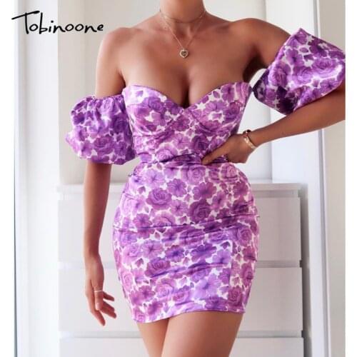Tobinoone Ruffles floral print bodycon dress Women elegant lace up mini short dress Sexy party night club female dress vestidos