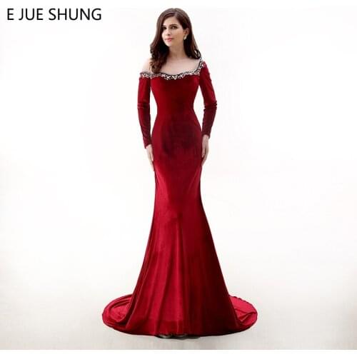 E JUE SHUNG Red Velvet Mermaid Evening Dresses Long 2019 Beaded Long Sleeves Evening Gowns Formal Dresses Dubai Arabic Dresses