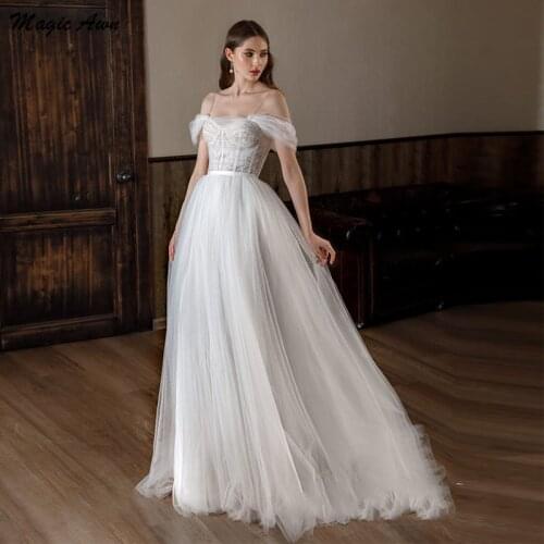 Magic Awn Vintage Off The Shoulder Wedding Dresses Illusion Lace Appliques Spaghetti Straps A-Line Boho Mariage Gowns Robes