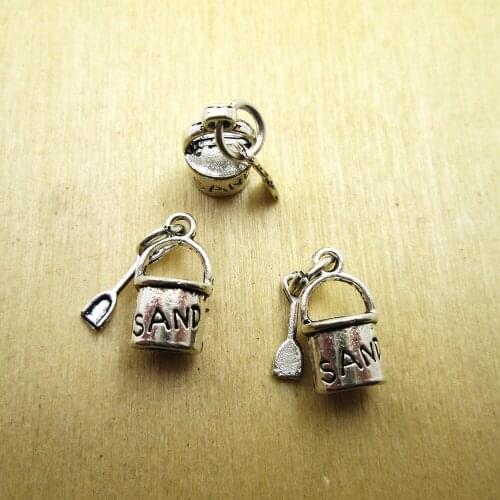 15pcs-30x8mm Beach Pail Pendants, 3D with Dangle Shovel Jewelry Making DIY necklace/ bracelets charms antique silver tone