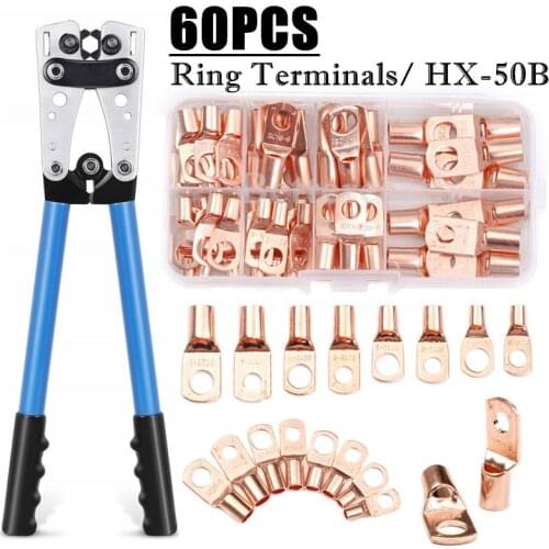 60pcs Car Auto Copper Ring Terminal Wire Crimp Connector Bare Cable Battery Terminals Soldered Connectors Assortment Kit HX-50B