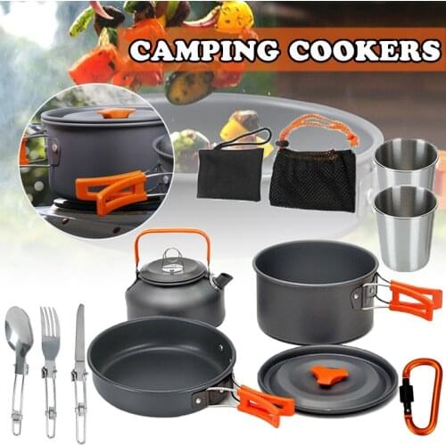 8Pcs Aluminum Outdoor Camping Cookware Set Travel Saucepan Teapot Kit for 2-3 Person Hiking Picnic BBQ Tableware Equipment
