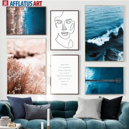 Abstract Figure Blue Sea Beach Quotes Wall Art Canvas Painting Nordic Posters And Prints Wall Pictures For Living Room Decor