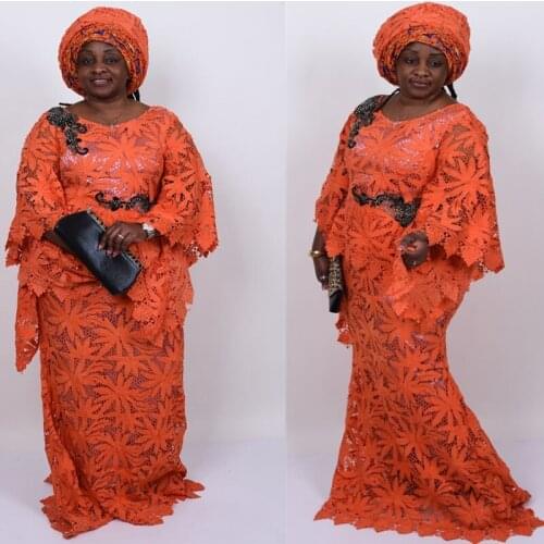 Kalume Leaves Style African Guipure Cord Lace Fabric Orange Nigerian Water Soluble Hollow Out Cord Laces Stoned For Party F1781