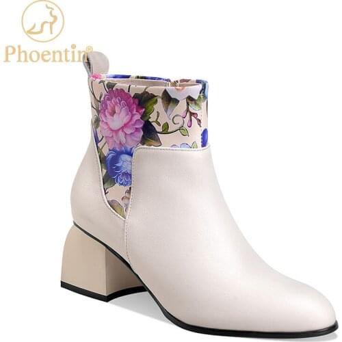 Phoentin plus size 43 Genuine Leather floral print white Winter Boots Woman round Toe Ankle boot High Heels Shoes Black FT1310