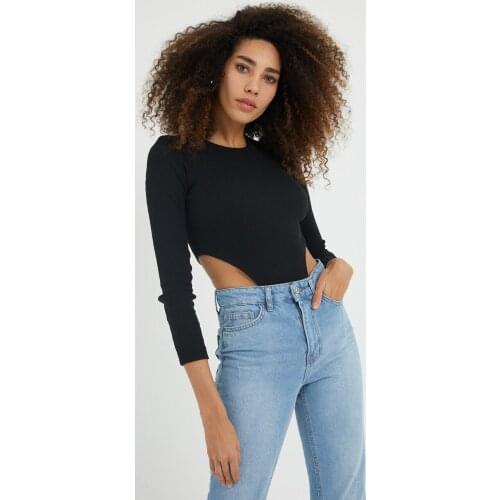 Womens Black Bottom Snaps Ribbed Long Sleeve Bodysuit 2021 New Season Fashion Style Casual Tops Female Summer Autumn Body