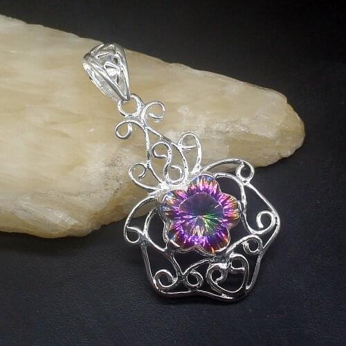 Gemstonefactory Jewelry Big Promotion 925 Silver Flower Rainbow Fire Topaz Women Ladies Mom Gifts Necklace Pendant 20213805