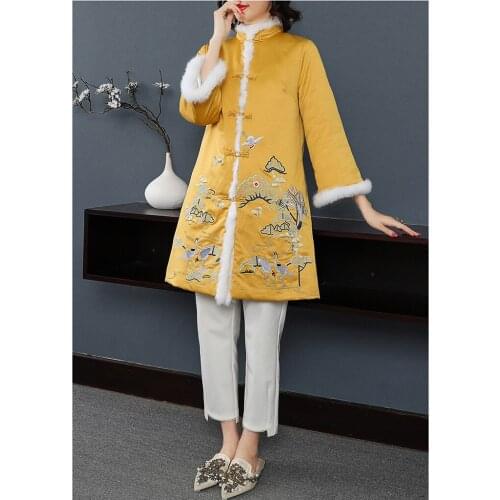 Traditional Chinese style retro embroidered big size rabbit fur hem cotton lining long section jacket outwear with for women