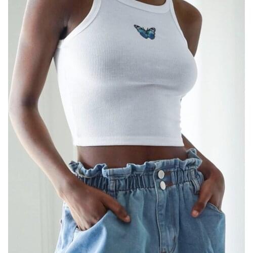 Summer Vest Solid color Spaghetti strap Crop Tops Casual Sexy Butterfly embroidery Short Sleeveless White Tank top aesthetic
