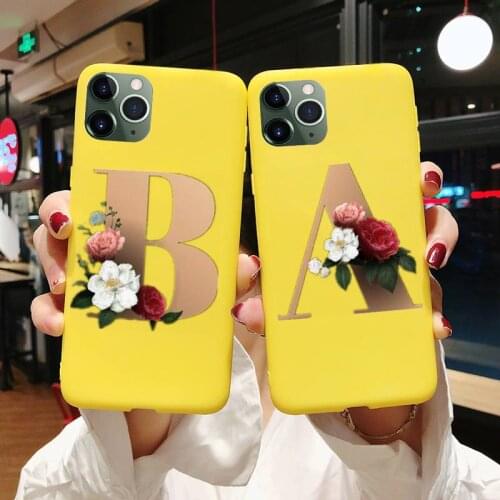 Fashion Flower Custom 26 Letter Phone Case For Iphone 6 6s 7 8 Plus XR X XS XSmax 11 12 Pro Mini Max Candy Yellow Silicone Cover