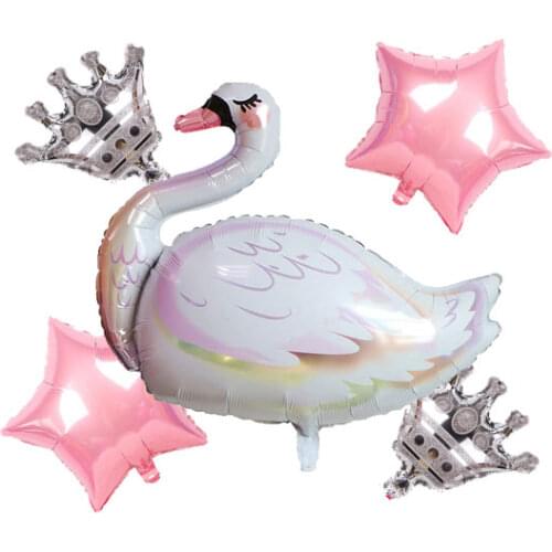 5 PCS Swan Themed Aluminum Foil Balloon Swan Crown Mylar Foil Balloons Kit for Party Theme Birthday Party Decor and Supplies