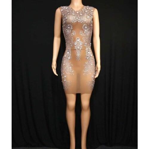 New Sexy Silver Mesh Transparent Dress Rhinestones See Through Stretch Dress Singer Dress Womens Birthday Celebrate Dress