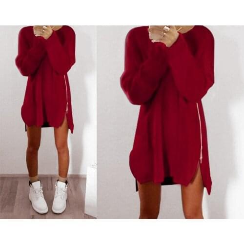 Autumn Winter Mini dress womens new V-neck long sleeve sweater casual loose zipper long women pullovers pink,gray,black