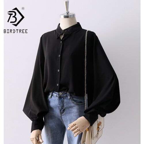 Autumn Women Vintage Big Lantern Sleeve Chiffon Blouse For Female Stand Collar Button Up Elegant White Shirt Fall Spring Tops