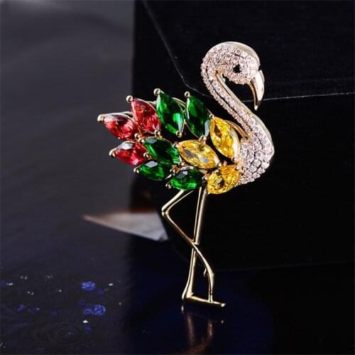 Luxury Colorful AAA Zircon Flamingo Rhinestone Brooch Lapel Pin Cute Bird Crystal Brooches for Women Jewelry Accessories broches
