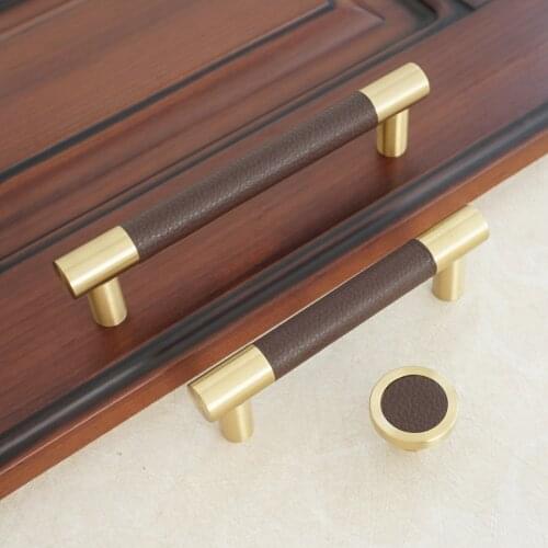 3.75" 5" 6.3" 8.8" Brown Leather Door Pull Handles Copper Cabinet Knobs Round Dresser Knob Brass Drawer Handle 96 128 160 224mm