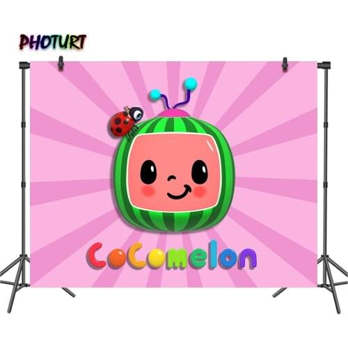 PHOTURT Cocomelon Photography Backdrop Kids 1st Birthday Party Supply Background Pink Stripe Vinyl Photo Banner Props