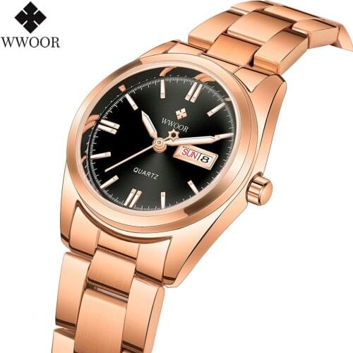 WWOOR 2021 New Top Luxury Brand Women Rose Gold Black Watch Fashion Stainless Steel Quartz Waterproof Wristwatches Montre Femme