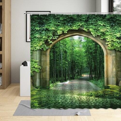 Green Plant Winding Wooden Frame Shower Curtain 3D Dream Trees Flowers Landscape Bathroom Curtains Washable Fabric With Hook Set