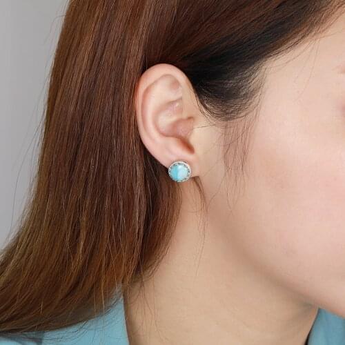 Natural Precious Larimar Earrings for Women 2021 Simple Fashion Geometric Round Charm 925 Sterling Silver Jewelry Gift Classic