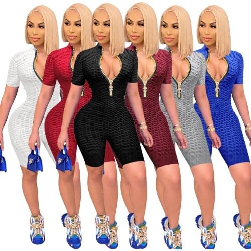 Women Sport Playsuits Summer New Solid Color Zipper Short Sleeve Casual Slim Jumpsuits Sexy Package Hip Bodysuit Overalls Black