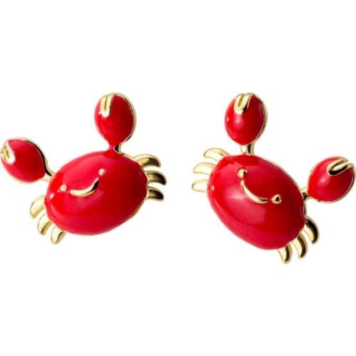 925 Sterling Silver Gold Plated 2019 Crab Animal Stud Earrings Red Festive Women Accessories Girls Birthday Gift
