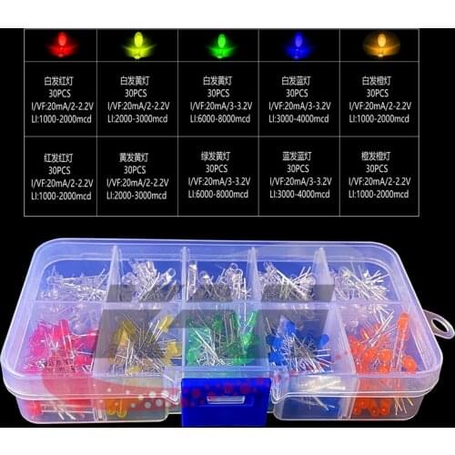 300Pcs/box 10 Value Five Colors 3MM Round Bright Light LED Assortment Kit