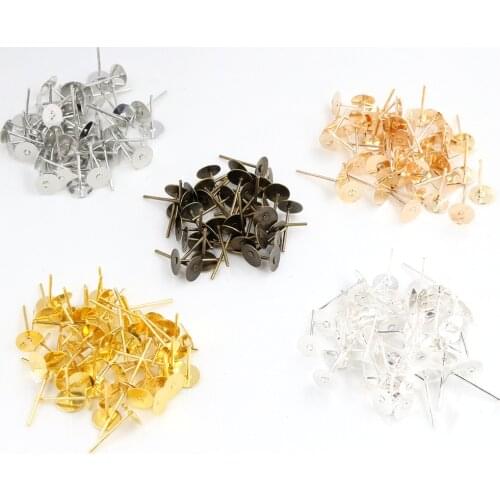 4mm 6mm 100pcs/Lot Fashion 5 Colors Plated Stainless Iron Earring Studs blank base Earring Post (with Stopper) Base