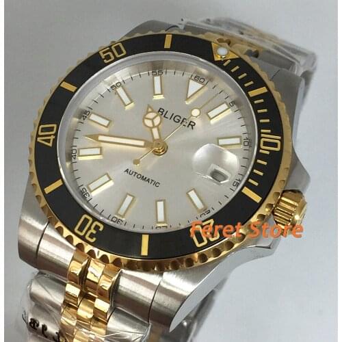 Bliger 40mm Gold Mens Casual Business Watch Sapphire Glass Ceramic Bezel Sterile Silver Dial Date Luminous Automatic Watch