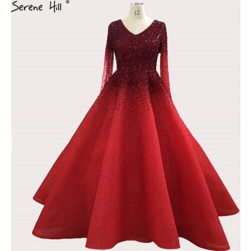 Dubai V-Neck High-end Sexy Prom Dresses 2020 Long Sleeve Crystal Luxury Prom Gowns Design Serene Hill DLA70272