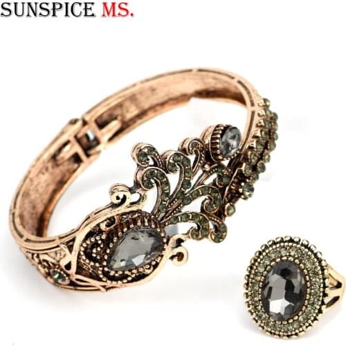 Sunspicems Retro Vintage Gray Crystal Cuff Bracelet Bangle Ring Sets Old Gold Color Turkish Ethnic Wedding Jewelry Gift