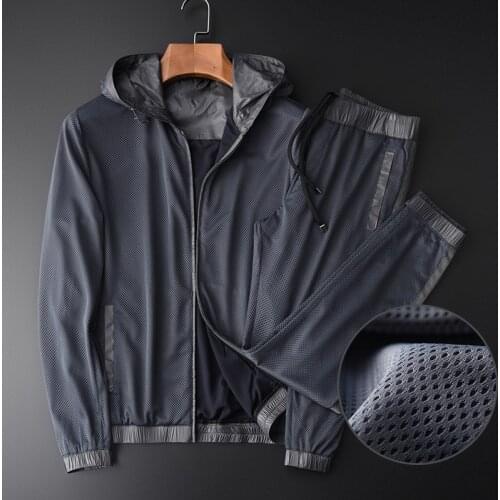 Classic Hooded Jacket Men Sets (JACKETS+PANTS) Luxury Ventilate Mesh Casual Sport Man Sets Plus 4xl Spring Slim Thin Man Set