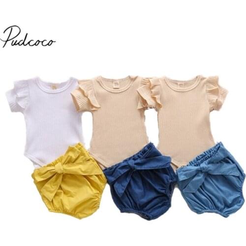 Baby Girls 2PCS Romper Set Solid Color Ruffle Short Sleeve Round Neck Button Closure Jumpsuit, Elastic Band Triangle Short Pant