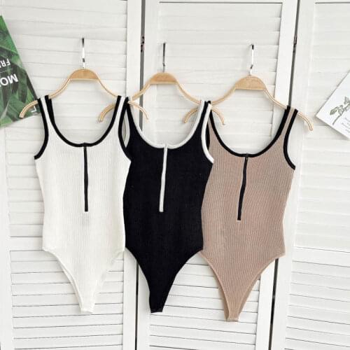 SINGREINY Women Knitted Strap Rompers Sexy Sleeveless Zipper Elastic Slim Jumpsuits Summer Korean Fashion Off Shoulder Bodysuit
