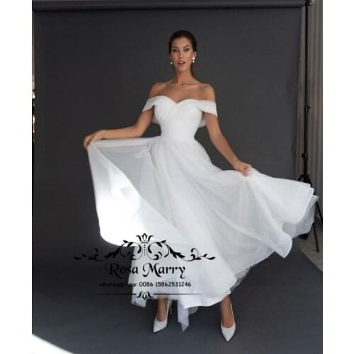 Modest Plus Size Short Boho Wedding Dresses 2021 A Line Off Shoulder White Tulle Beach Country Vestido De Novia Bridal Gowns