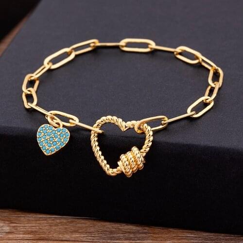 Hot Sale Romantic Heart Bracelets Gold Pendant Link Chain Bracelet for Women Men Copper Cubic Zirconia Party Wedding Jewelry