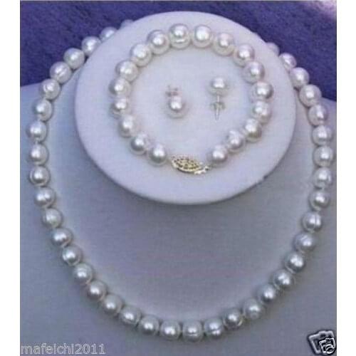 9-10mm Real White Cultured Pearl Necklace Bracelet Earring Set