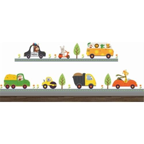 Lovely Animal Driving Cars Wall Stickers For Kids Room Decoration Nursery Safari Mural Art Diy Home Decal Rabbit Bull Tiger