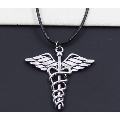New Durable Black Faux Leather Caduceus Medical Symbol Md Pendant Cord Choker DIY Necklace Retro Boho Tibetan Silver Color