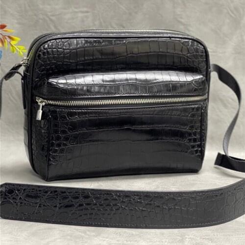 Authentic Real True Alligator Leather Mens Casual Cross Shoulder Bag Genuine Crocodile Belly Skin Male Flap Purse Messenger Bag