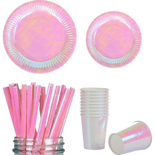 Rainbow Film Pink Disposable Tableware Birthday Cake Paper Plate Cup Wedding Party Decoration Baby Shower Childrens Day Gift