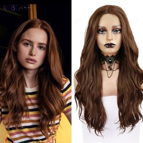 Rebcass Wavy Brown Synthetic Lace Front Heat Resistant Synthetic Wigs For Black Women African American Cosplay Wigs Middle Part