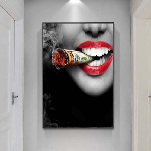 Sexy Lips Smoking Money Girls Canvas Art Posters And Prints Modern Art Canvas Paintings On the Wall Art Pictures Home Decor