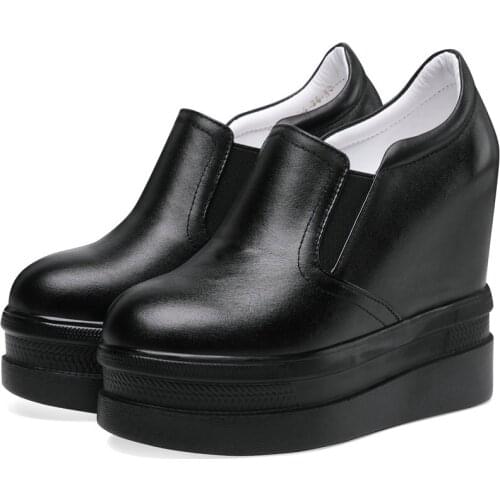 Black White Casual Shoes Womens Genuine Leather Super High Heel Pumps Shoes Wedges Platform Oxfords Tennis Shoes Punk Creepers