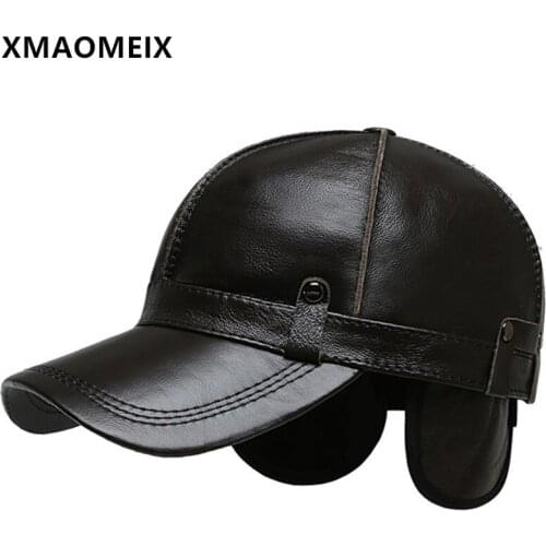 XMAOMEIX New Winter Men Cowhide Leather Baseball Caps Windproof Warm Earmuffs Hats Adjustable Size Natural Genuine Leather Cap
