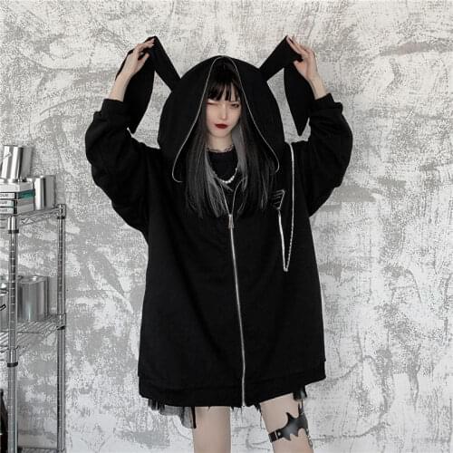 Autumn Winter Women Harajuku Punk Gothic Girls Black Rabbit Ears Hoodies Sweatshirt Japanese Pop Loose Long Sleeve Plus Size
