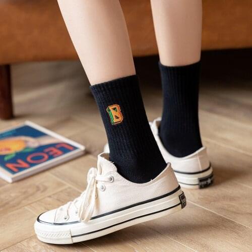 Embroidered Female Middle Tube Autumn And Winter Piled Socks Net Red Hot Style Ins Tide Socks Korean Version Of Simple Japanese